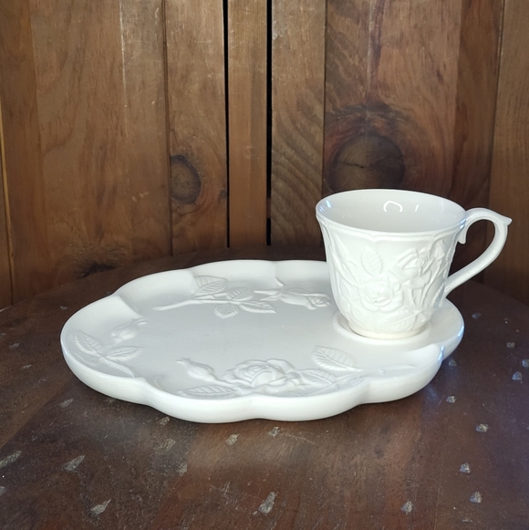 Other - White Embossed Rose Cup and Snack Plate Set